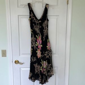 Alex Evenings beaded dress with cowl neck detail and asymmetrical hemline.